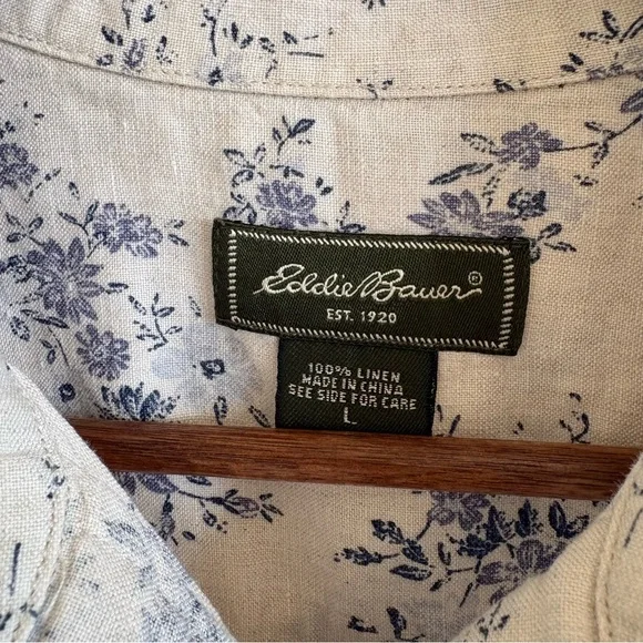 Eddie Bauer Prarie Linen Floral Shirt Dress  Cream & Blue 3/4 Sleeve Large - Picture 3 of 10